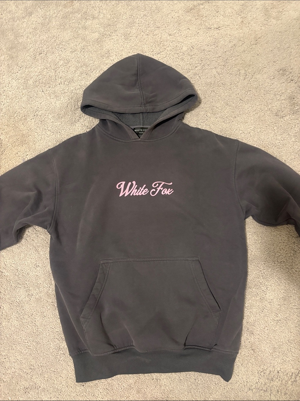 White Fox Boutique Charcoal Hoodie with Pink Script Logo